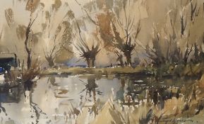 Edward Wesson (1910-1983), watercolour, Lakeside landscape with trees, signed, 30 x 48cm