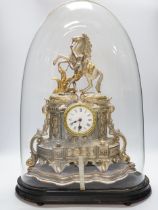 A French gilt and silvered ‘Marly Horse’ mantel clock under (cracked) dome, total height 57cm
