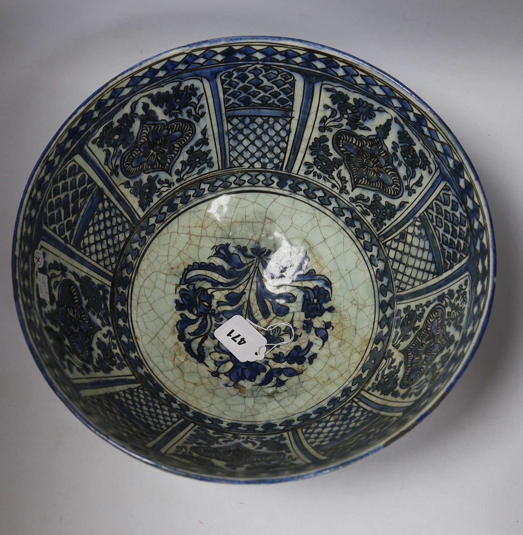 A large Persian underglaze blue and black fritware bowl, Safavid, 17th/18th century 40cm diameter, - Image 3 of 4