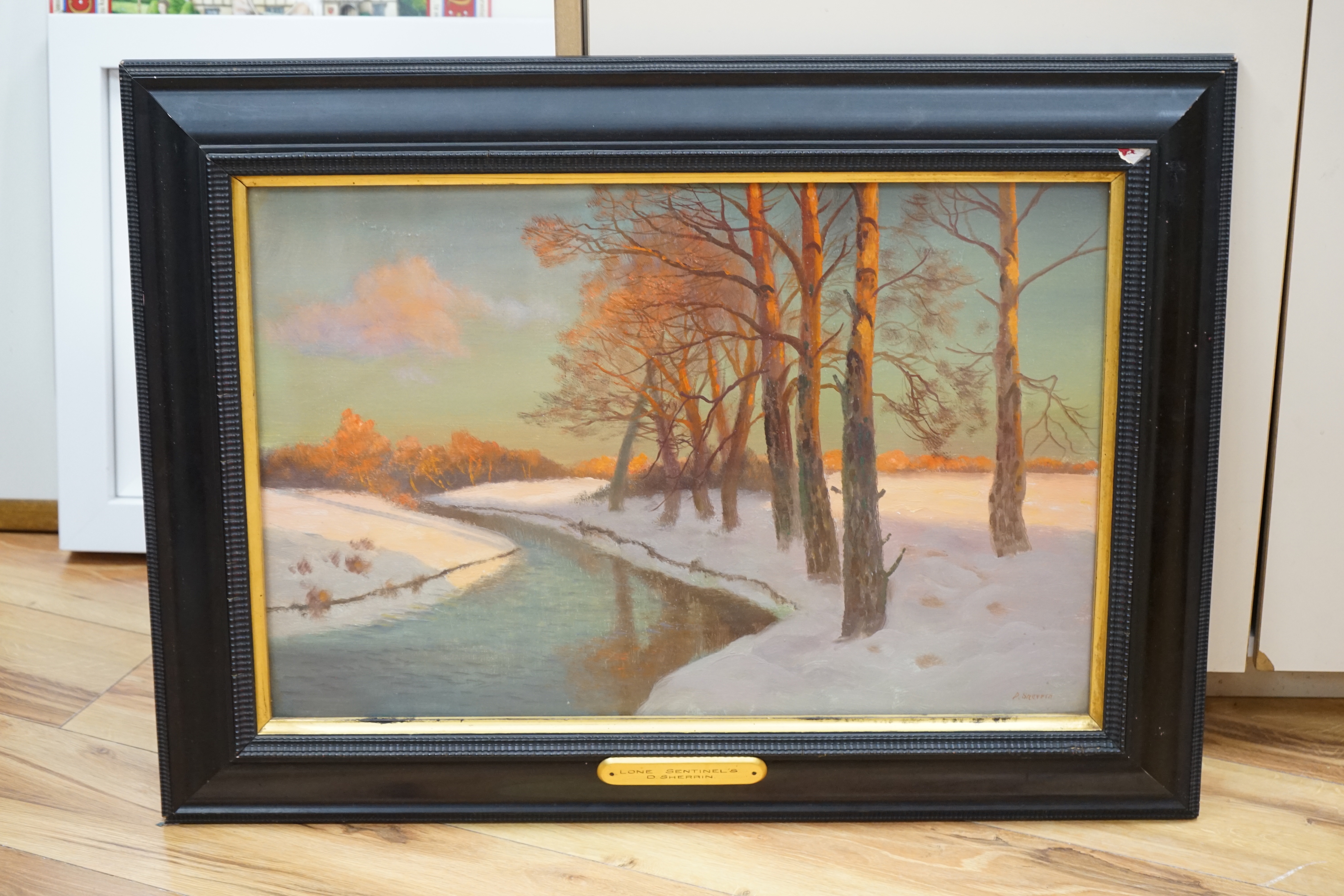 Daniel Sherrin (1868-1940), oil on canvas, Winter riverscape, signed, plaque to the frame - Image 2 of 4
