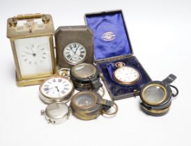 An Asprey pocket watch in silver mounted case, brass cased carriage timepiece, military compasses
