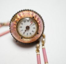 A lady's Swiss Belle Epoque yellow metal, rose cut diamond and enamelled globe watch, on a similar