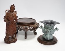 Chinese wood figure of a warrior, two wood stands and a bronze zun vessel