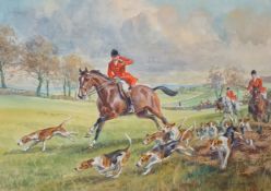 Set of four hunting interest watercolours, Huntsmen on horseback with hounds, each indistinctly
