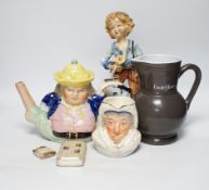 A Capodimonte figure, a Staffs pottery teapot, a jug and a Beswick pig