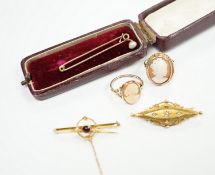 A late Victorian 15ct gold and three stone diamond chip set brooch, 43mm, an early 20th century