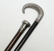 Two early 20th century silver topped walking canes, longest 92cm