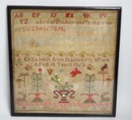 * * A fine cross stitch needlework sampler, by Sarah Graham, dated Oct 1842, in original frame, 36 x