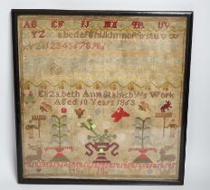 * * A fine cross stitch needlework sampler, by Sarah Graham, dated Oct 1842, in original frame, 36 x