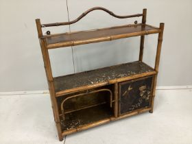 A late Victorian lacquered bamboo three tier wall cabinet, width 60cm, depth 18cm, height 66cm