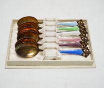 A cased set of six Norwegian gilt sterling and polychrome enamel teaspoons, 11.1cm.