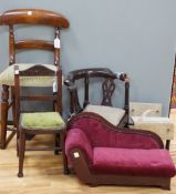 A tall mahogany chair for a doll, together with six pieces of doll's furniture including a chaise
