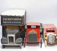 Three model vehicles including; a tinplate Tri-ang tipper lorry, a Pickfords removal van (believed