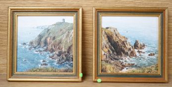 * * Jacqueline Bougourd (20th. C) pair of oils on board, Jersey views, including, ‘’Cannon Rock,