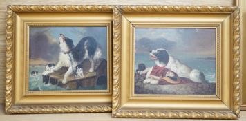 After Edwin Landseer (1802-1873), pair of oils on board, Border Collie with child and dogs in peril,
