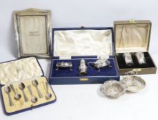 An Elizabeth II cased silver three piece condiment set by Mappin & Webb, a cased pair of Irish