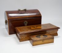 A George III domed box and two Sorrento ware boxes, largest 28cm