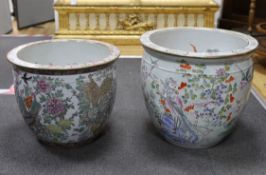 Two Chinese enamelled porcelain fish bowls, decorated with phoenixes and other birds, largest 42cm