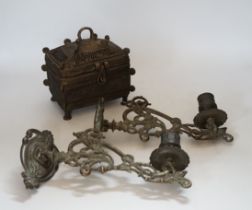 An African Benin style bronze casket and pair of wall sconces, 22cm