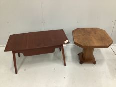 A mid century teak hinged top occasional table, width 80cm, depth 43cm, height 41cm, together with
