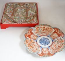 A boxed Chinese famille rose supper set and an Imari dish, box 30cmsq
