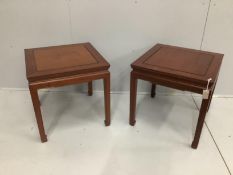 A pair of square Chinese hardwood occasional tables, width 58cm, height 58cm.