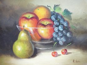R Law, oil on canvas, Still life of fruit, signed, 20 x 24cm