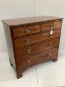 A George III style banded mahogany five drawer chest stamped Edwards and Roberts, width 106cm, depth