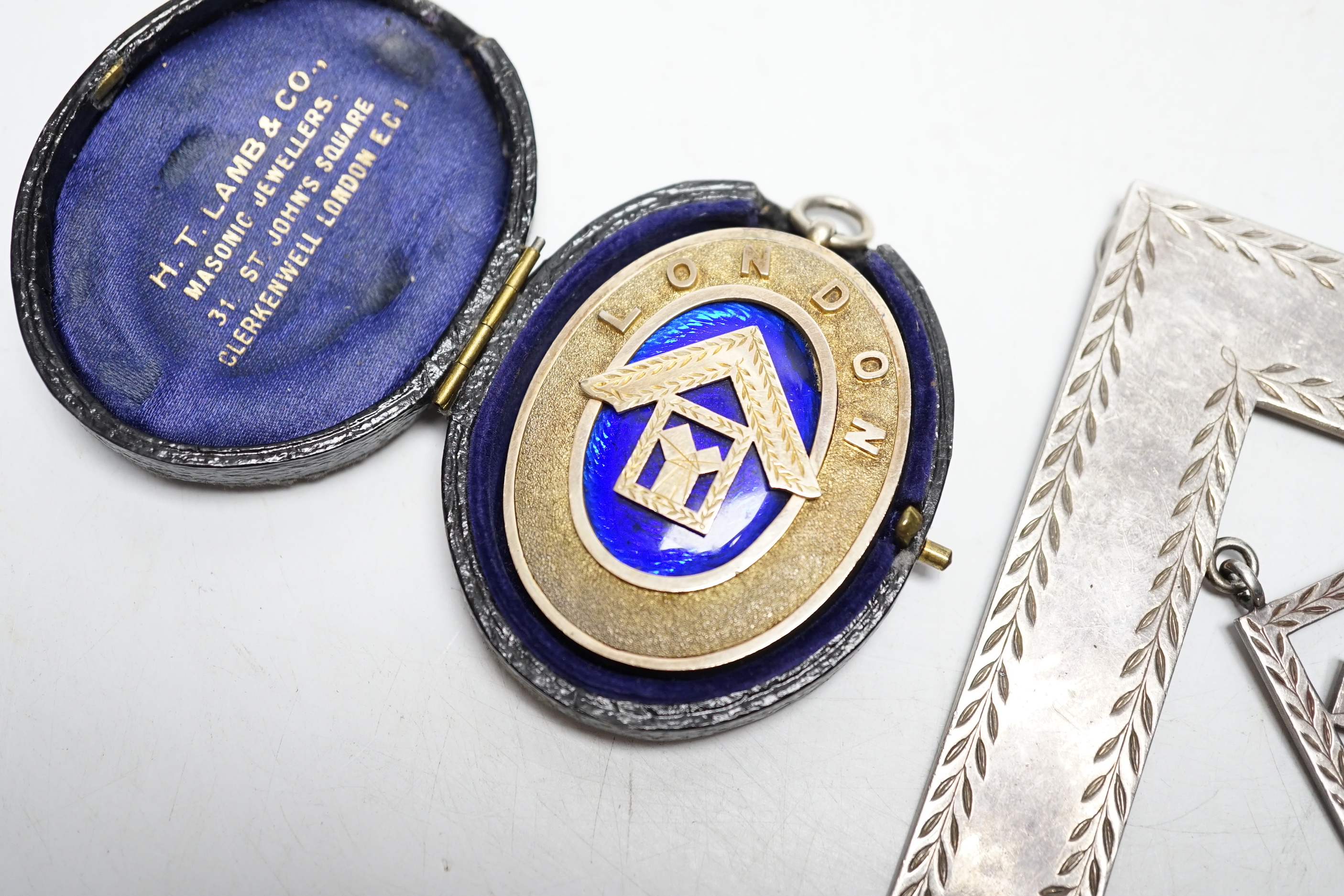 Two 1930's silver Masonic jewels including enamelled with case, 52mm. - Image 2 of 4