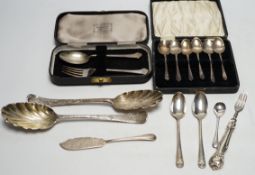 Assorted silver and white metal flatware, including four 18th base mark silver spoons, 20cm, cased