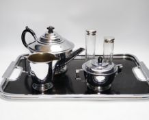 An Art Deco style plated teaset and tray and two silver jars