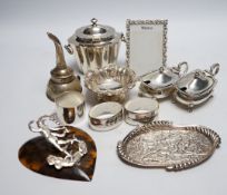 Sundry small silver etc. including an Edwardian silver tea caddy, London, 1902, 98mm, napkin rings