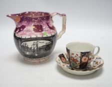 * * A Worcester Kakiemon pattern coffee cup and saucer, c.1780 and Gray’s Pottery pink lustre ‘’Iron