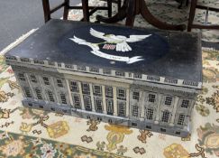 A 19th century pine trunk, later painted with a depiction of The White House and an American