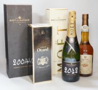 Three bottles of champagne including Moët, Otard Cognac and one other (5)