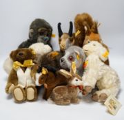 Thirteen Steiff yellow tag animals and one yellow tag bear, including Snorry fox, Mannie rabbit,