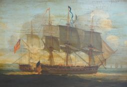 19th / 20th century English School, oil on board, captured Naval ship at sea, 41 x 59cm