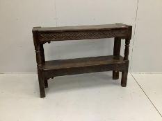 An 18th century oak two tier buffet (likely lacking higher tier), width 119cm, depth 31cm, height