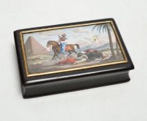 * * A 19th century tortoiseshell table snuff box, the hinged lid painted with an Egyptian battle