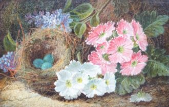 * * Oliver Clare (1853-1927), oil on canvas, ‘’Still life with a Robins nest and apple blossom’’,