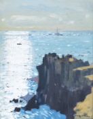 * * Robert King RI, RSMA (1936-), impressionist oil on bard, 'Setting sun at Pleinmont', signed,