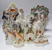 A ‘Fortune Teller’ Staffordshire flatback, eight other figure groups including a pair greyhounds,