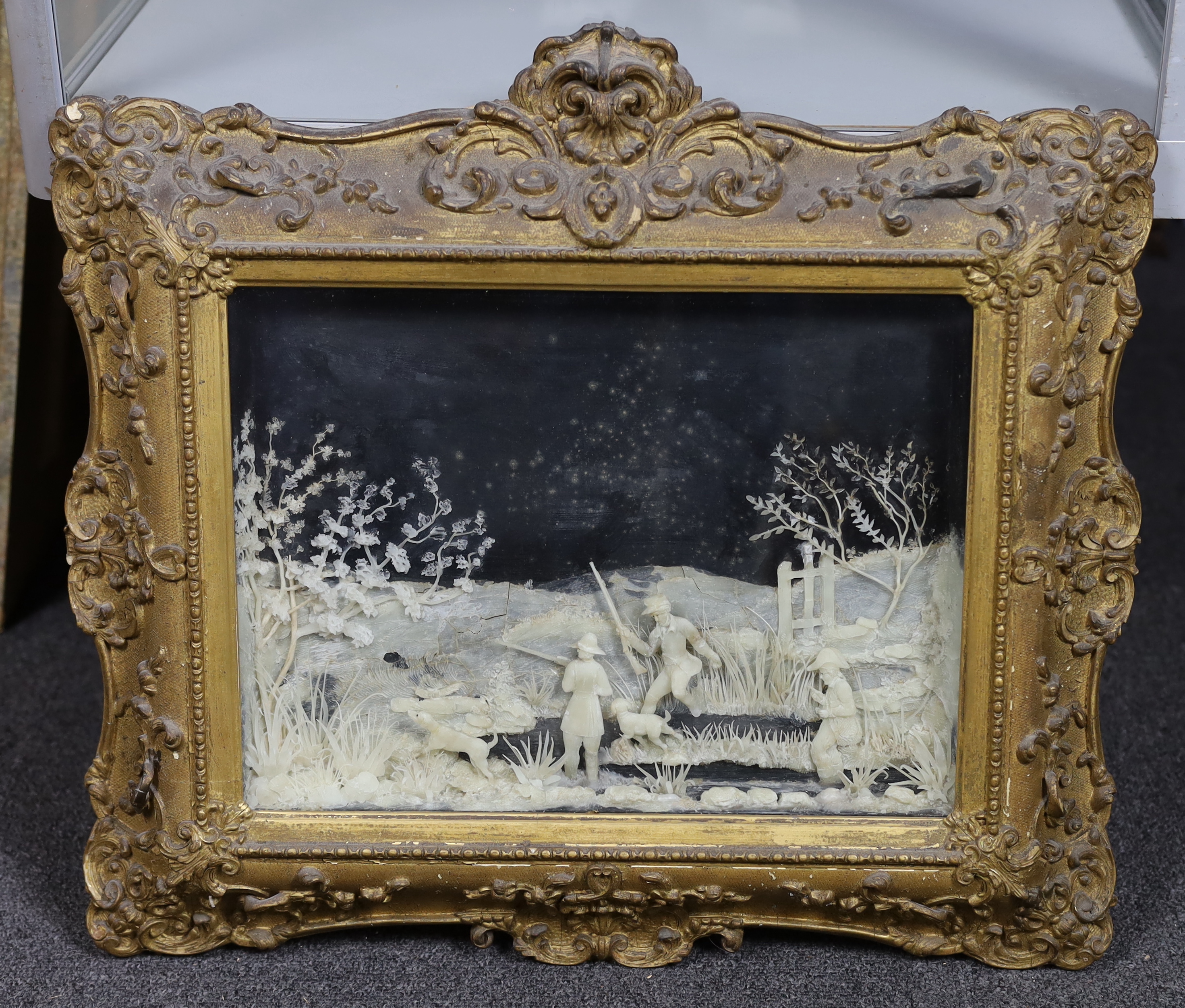 A rare pair of mid 19th century carved wax pictures, depicting sportsman and dogs in a wetland - Image 6 of 8
