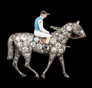 A late Victorian gold, rose cut diamond and polychrome enamel set horse and jockey brooch, 29mm,