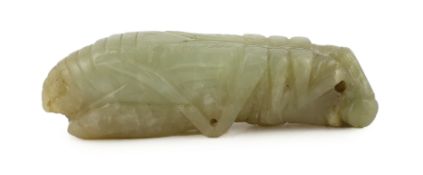A Chinese pale celadon jade grasshopper pendant, 18th/19th century, 6.8cm long***CONDITION