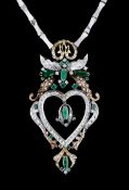 A late 20th century Middle Eastern two colour gold, emerald and diamond cluster heart shaped pendant