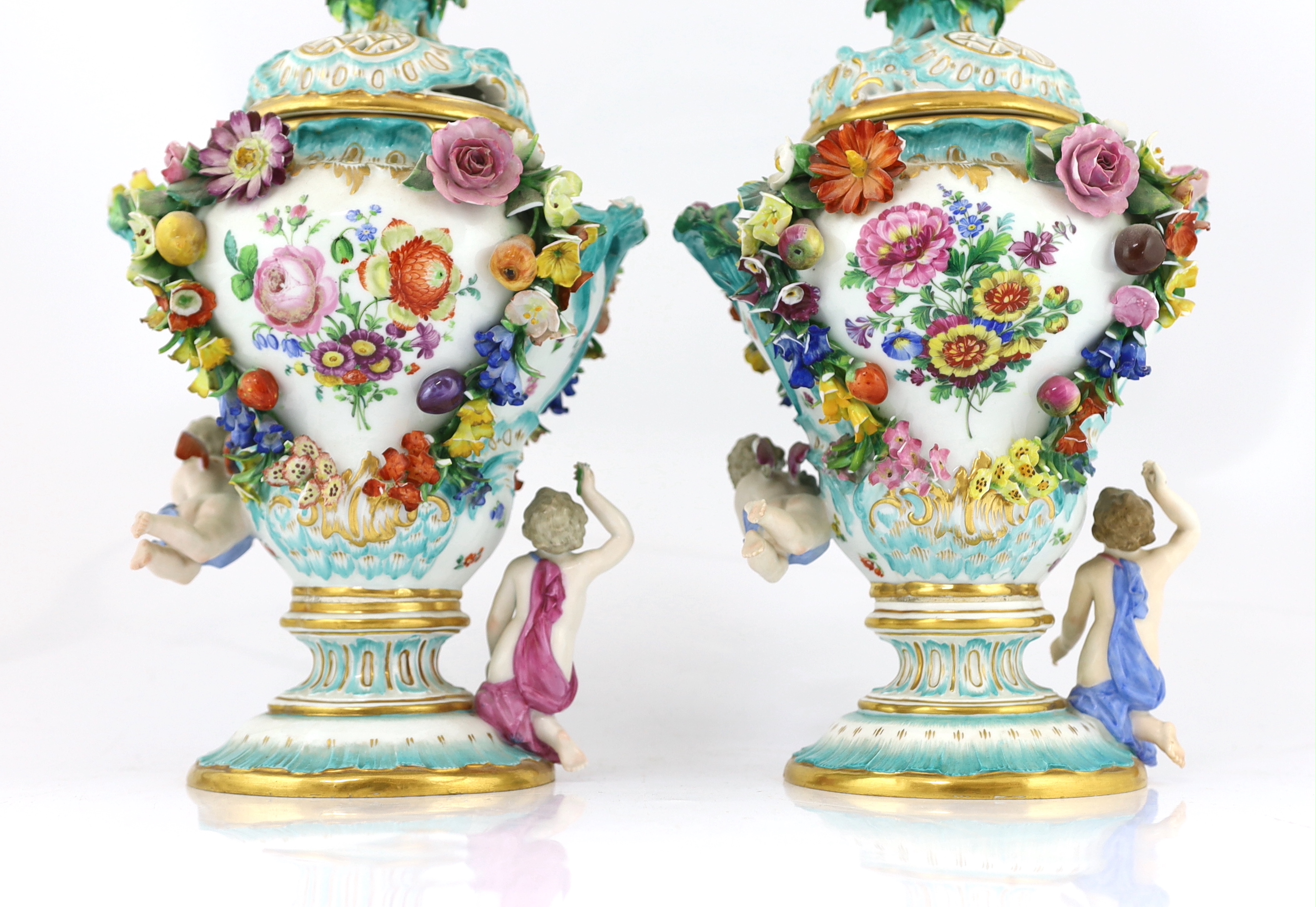 A pair of Meissen topographical flower encrusted vases and covers, 19th century, each painted with - Image 12 of 13