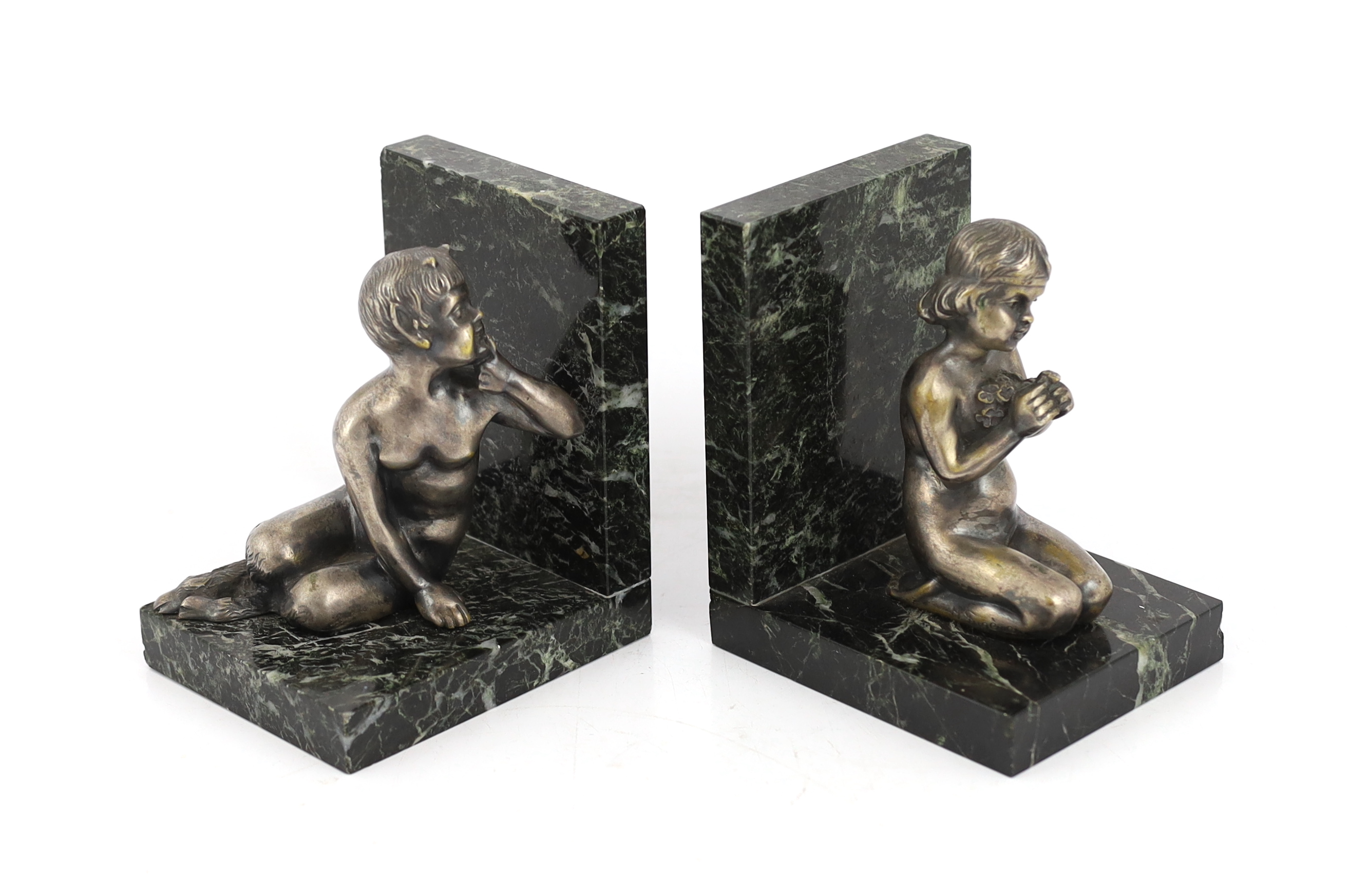 Henri Fugère, a pair of silvered bronze and marble bookends modelled as a kneeling faun and girl - Image 2 of 4