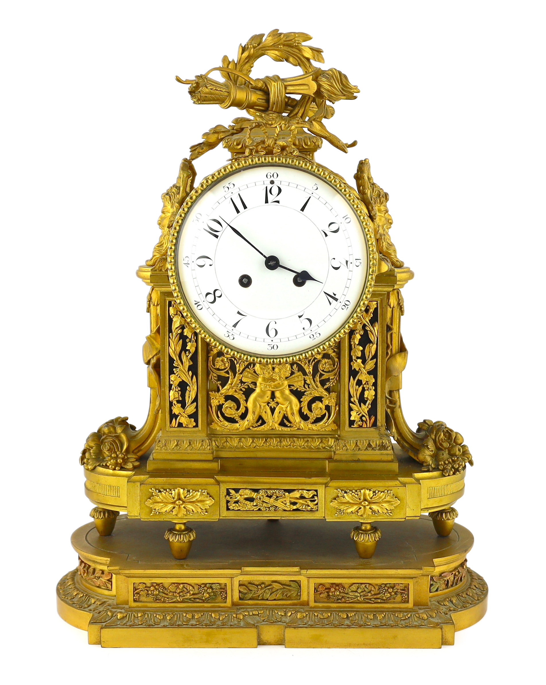 A 19th century French Louis XVI style ormolu mantel clock, with torch, bow and quiver finial over
