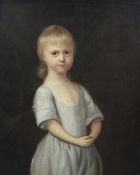 18th century English School Portrait of a child standing wearing a blue dressoil on canvas75 x